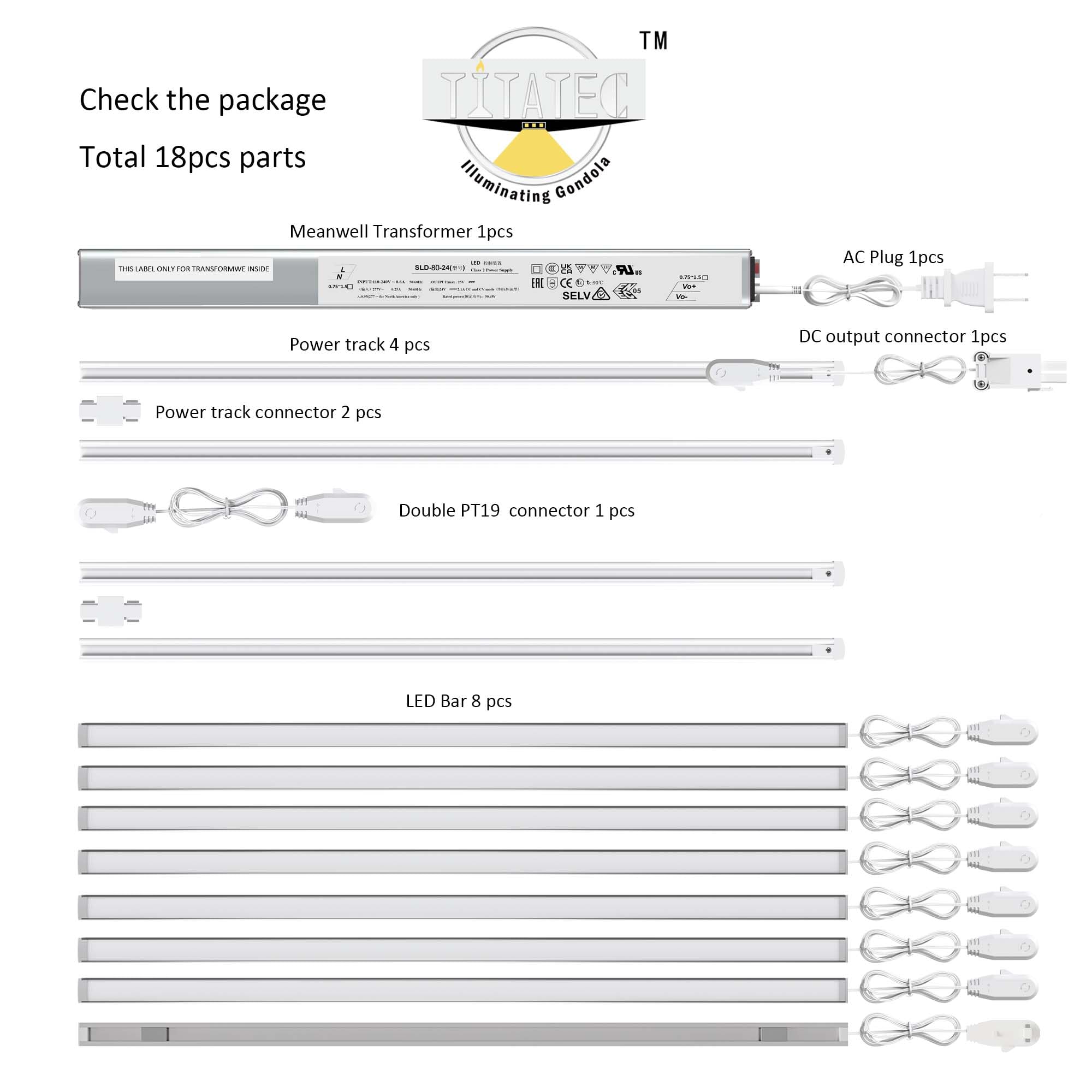 TITATEC Gondola Shelving Lights for 4ft Shelf Total 16-Pack LED Lights bar kit Includes Power Supply Bundling Extender Splitter Cable Kit